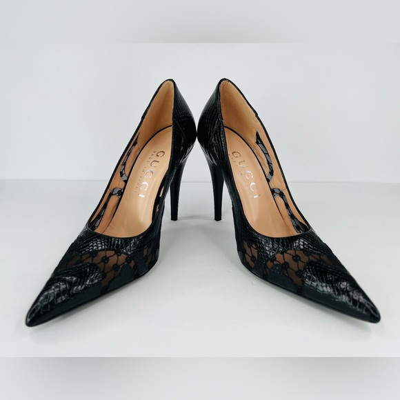 Gucci Python Embossed Leather & Mesh GG Rhombus Heel Pumps Size EU 39.5 - Picture 11 of 11